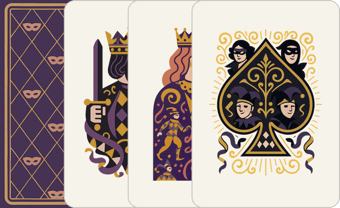 The Harlequin deck — its back, king, queen and ace