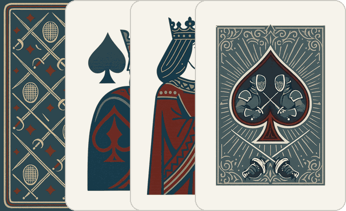 The Duel deck — its back, king, queen and ace