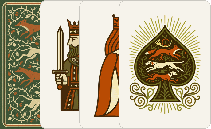 The Fox & Hound deck — its back, king, queen and ace