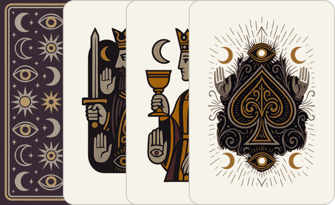 The Nightfall deck — its back, king, queen and ace