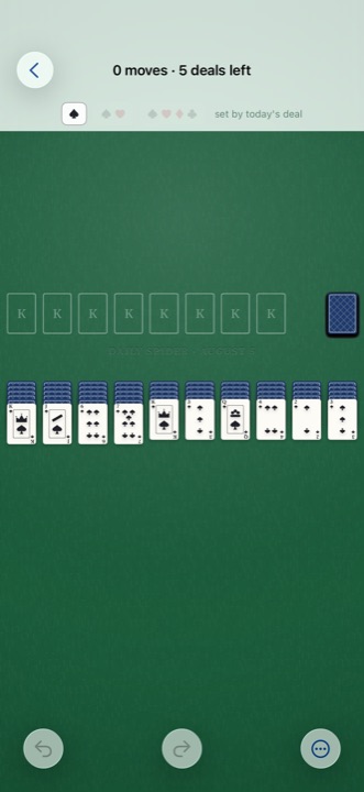 Today's deal: a freshly dealt Spider board with five deals left