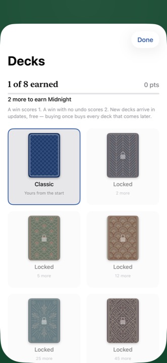 The deck collection, listing each illustrated deck and the points that earn it