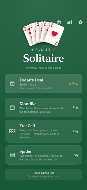 The collection screen, listing Klondike, FreeCell and Spider with today's deal at the top