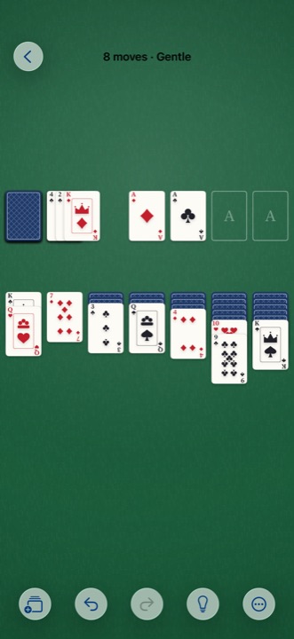 A Klondike board eight moves in, with an ace on a foundation